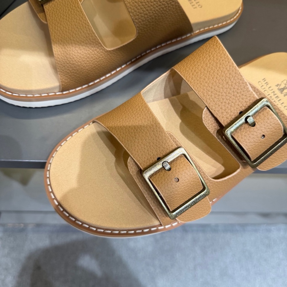 Brunello Cucinelli Beige-Tan Double Buckle Leather Slides - Picture 6 of 9